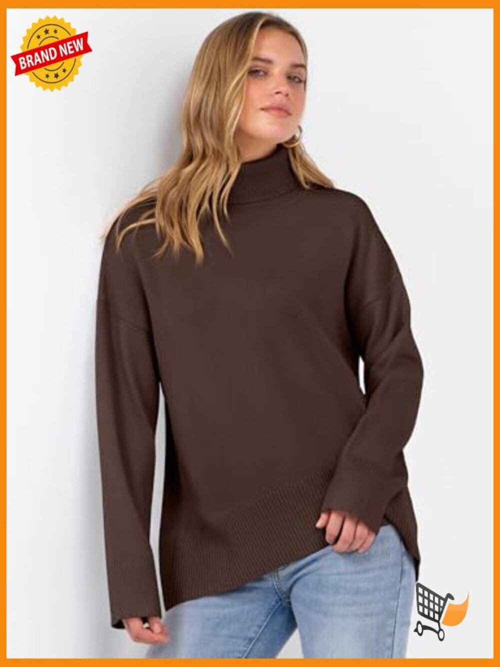 Oversized Chunky Knit Turtleneck Sweater Pullover Long Sleeve High Low Hem - Picture 3 of 7